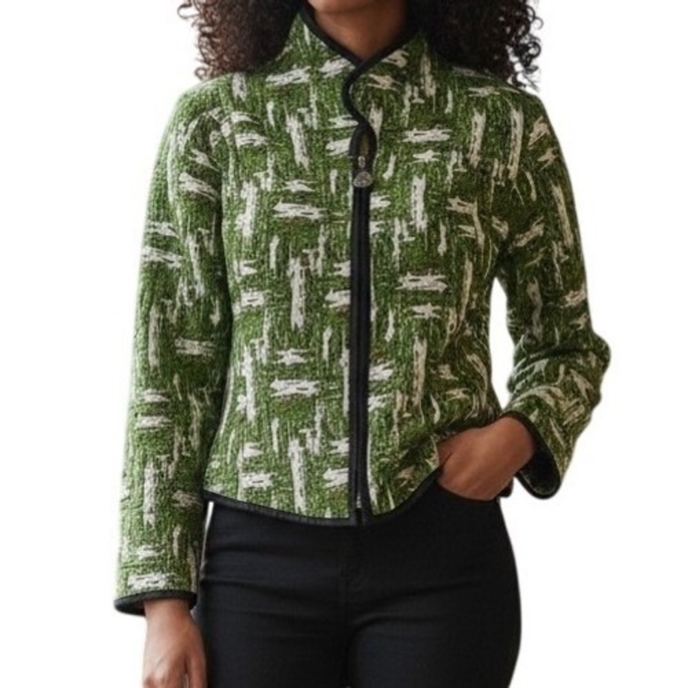 TRIMDIE Emerald‎ Green Brush Stroke Reversable Brocade Zipper Jacket EUC Medium